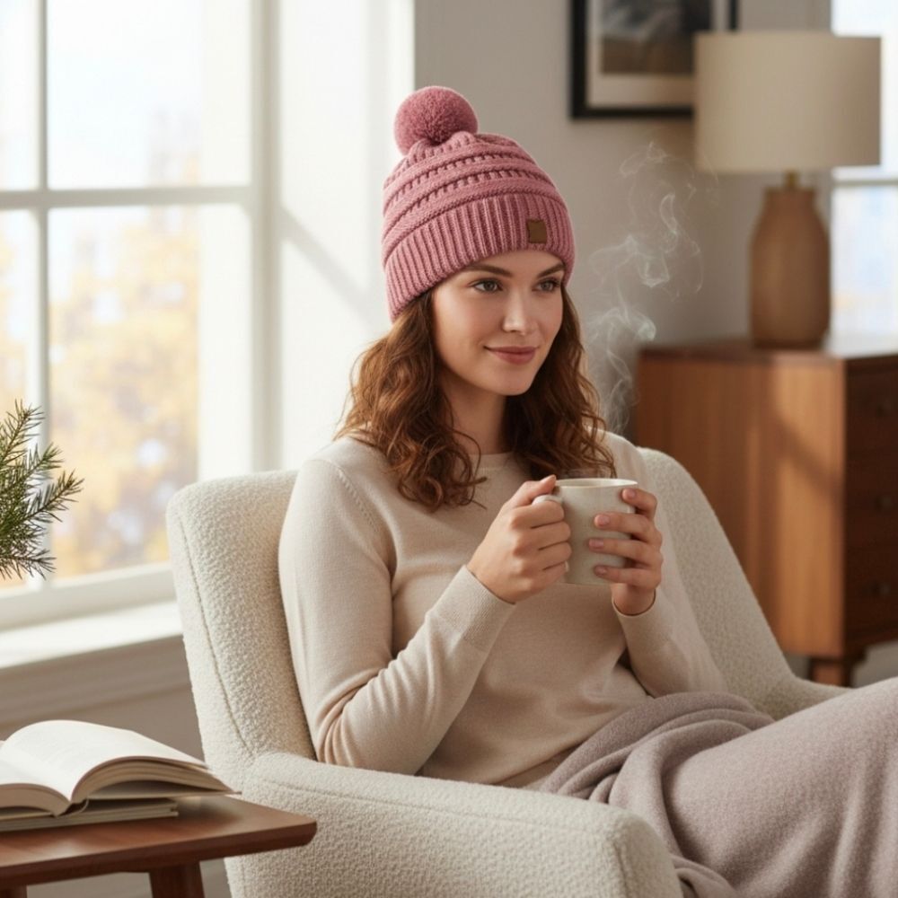 Cozy Pink Knit Pom-Pom Beanie
